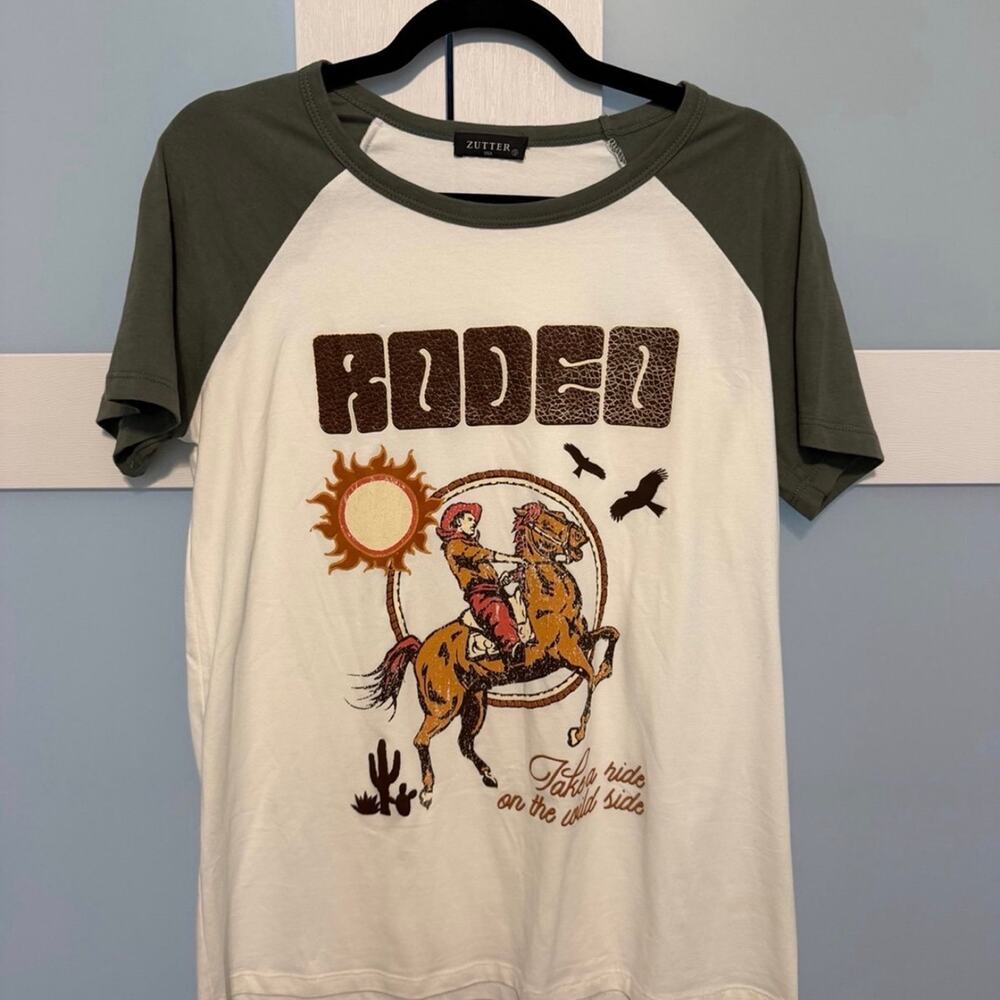 Zutter USA Rodeo Graphic Tee Womens Large White Green Raglan Western Cowgirl